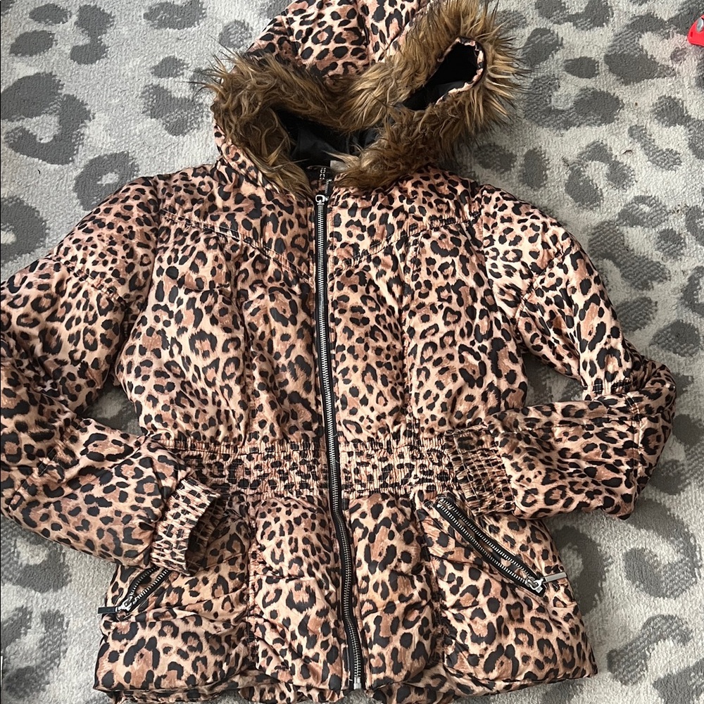 Divided Leopard Print Bomber Jacket with Faux Fur Hood